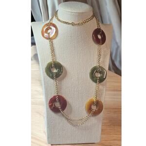 Earthy Agate Style Disc Long Necklace Gold Chain Avon Vintage – Boho Retro 90s